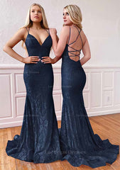 Trumpet Mermaid Sleeveless Sweep Train Lace Prom Dress With Pleated