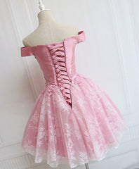 Tulle Of Shoulder Lace Short Pink Prom Dress Lace Homecoming Dress