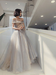 Unique Off Shoulder Tulle Long Gray Prom Dress, A line Tulle Lace Evening Dress