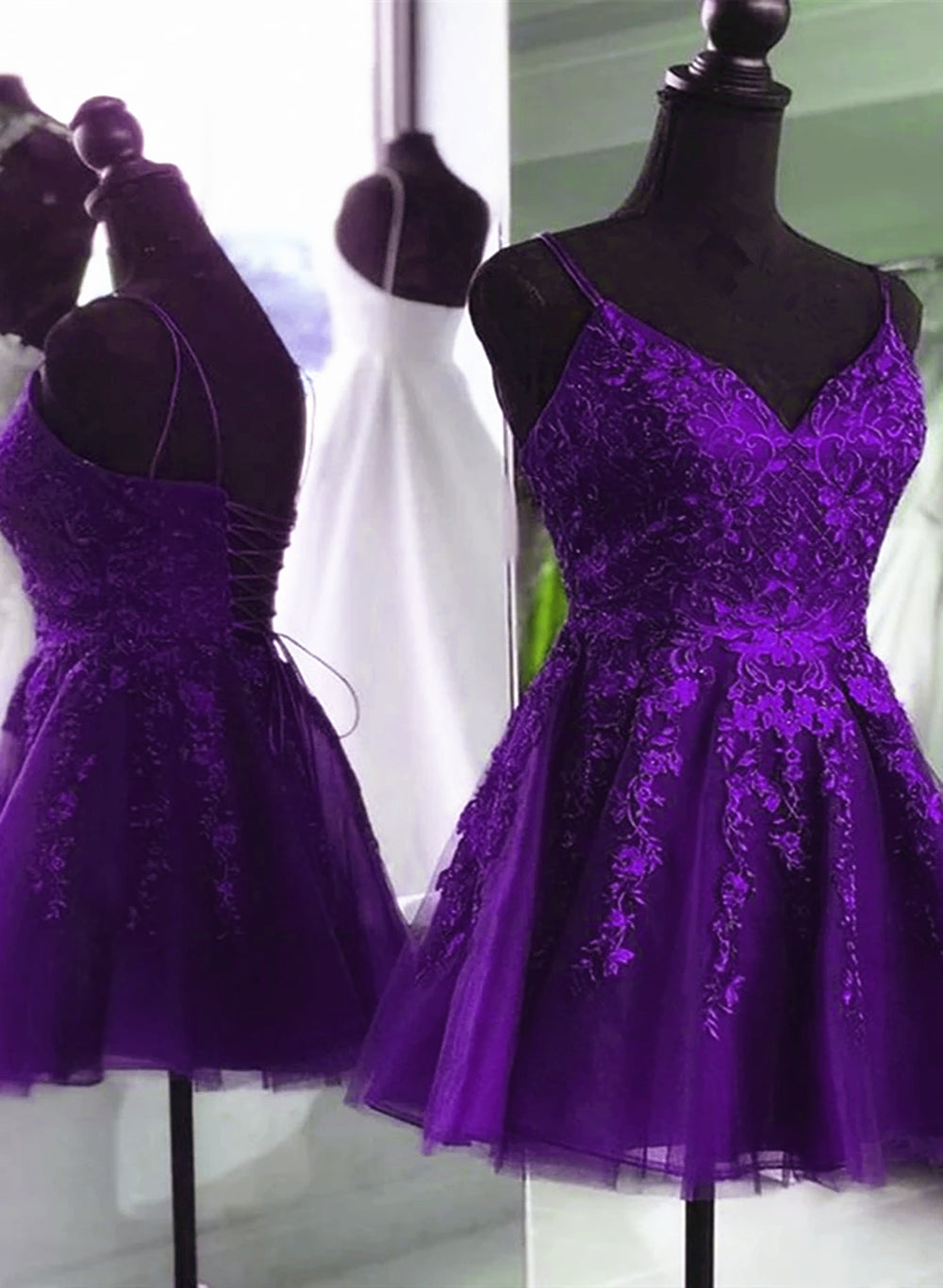 V Neck Beaded Purple Lace Prom Dress, Purple Lace Homecoming Dress Short Party Dress