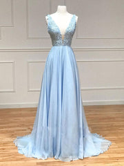 V Neck Blue Lace Prom Dresses, Blue V Neck Lace Formal Graduation Dresses