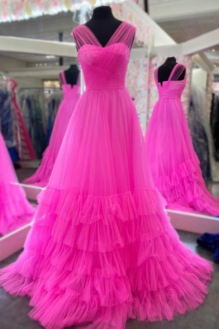 V-Neck Hot Pink Layered Tulle Formal Dress