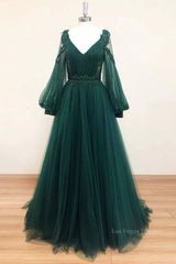 V Neck Long Sleeves Green Lace Prom Dresses, V Neck Green Lace Formal Evening Dresses