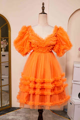 V-Neck Orange Ruffled Short Homecoming Dress with Puff Sleeves