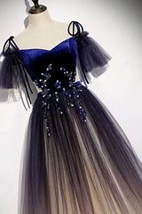 Velvet and Gradient Tulle Long Party Dress, Straps Long Evening Gown