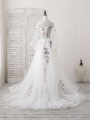 White Sweetheart Tulle Applique Long Prom Dress, White Evening Dress