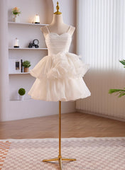 White Tulle Straps Short Graduation Dress, White Tulle Sweetheart Prom Dress