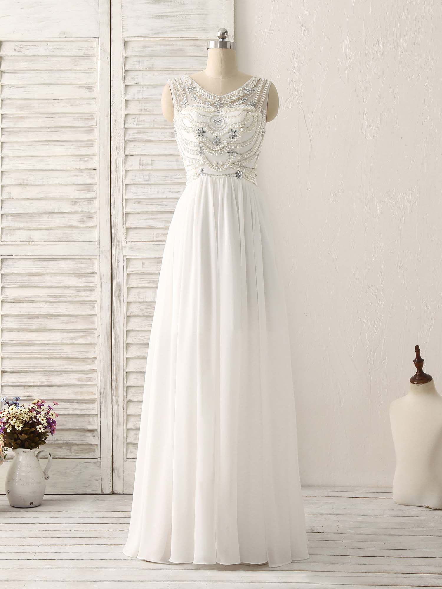 White V Neck Chiffon Long Prom Dresses, White Long Evening Dresses