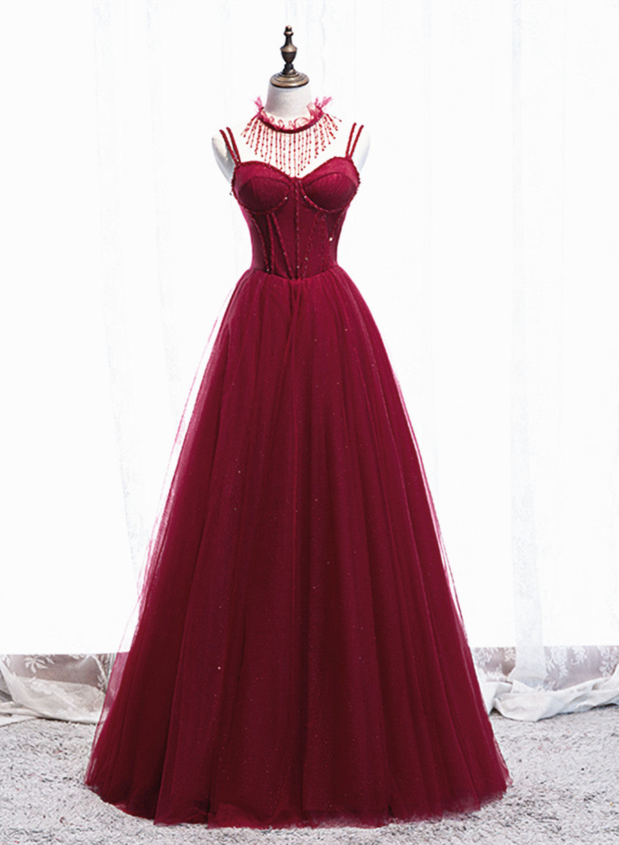 Wine Red Beaded Straps Party Dress Prom Dress, Beaded Tulle Formal Dress