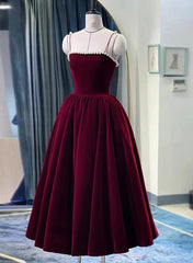 Wine Red Straps Velvet Party Dress with Pearls, Wine Red Tea Length Formal Dress