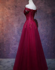 Wine Red Tulle Sweetheart Long Prom Dress, A-line Party Dress