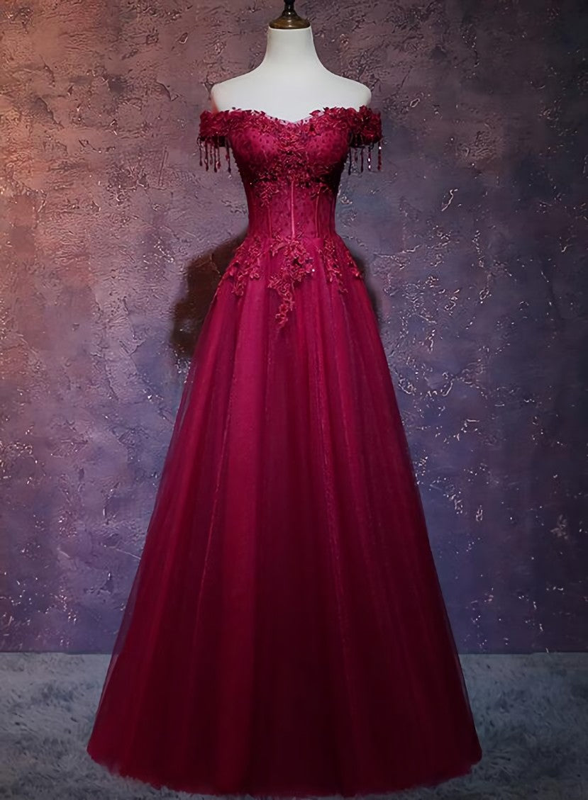 Wine Red Tulle Sweetheart Long Prom Dress, A-line Party Dress