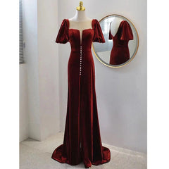 Wine Red Velvet Long Round Neckline Party Dress, Wine Red Prom Dresses