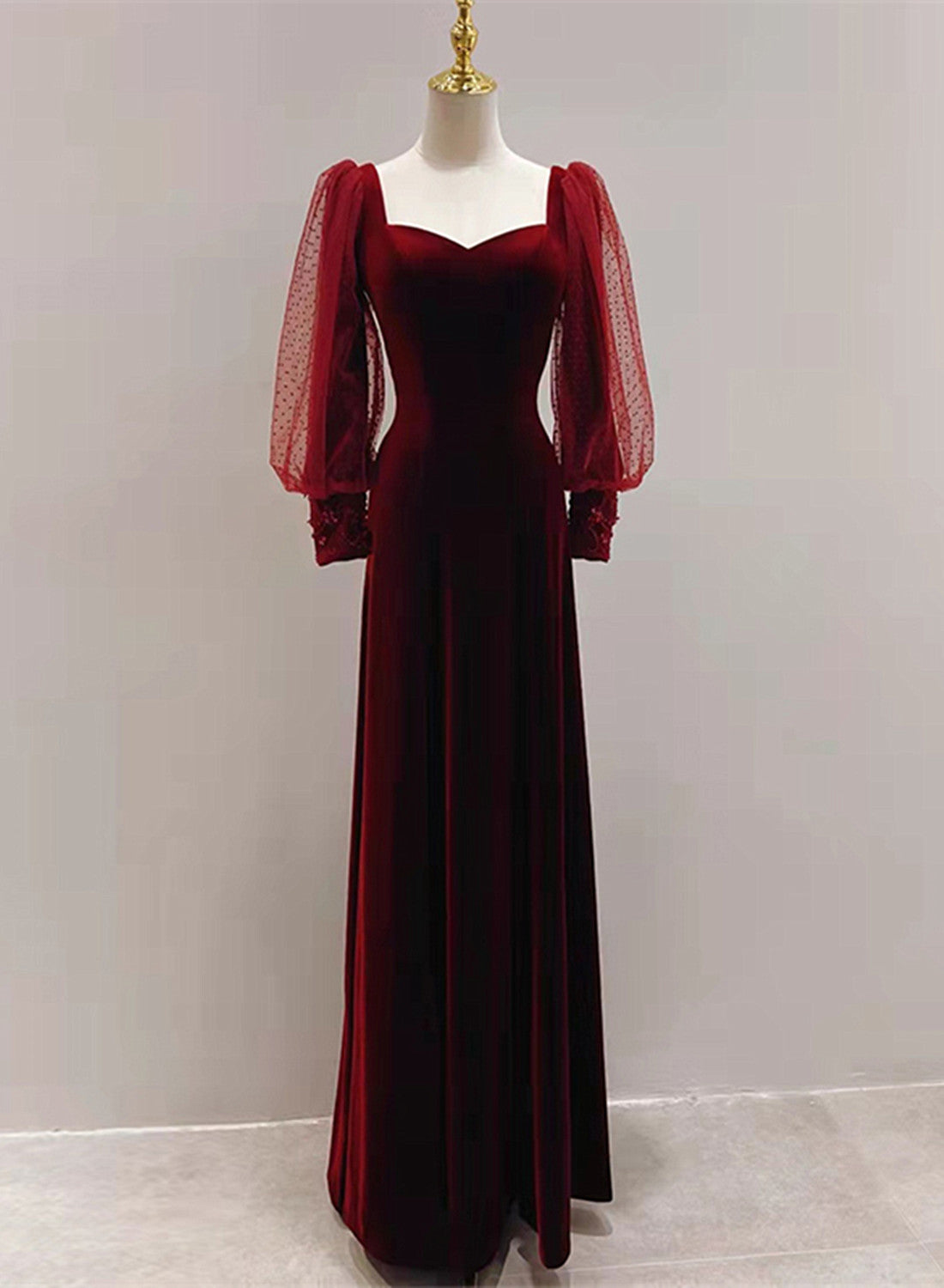 Wine Red Velvet Long Sleeves Floor Length Bridesmaid Dress, Wine Red Long Prom Dress