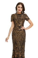 Short Sleeves Sequins A-Line Formal Evening Dress