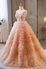 Beautiful Tulle Layers Long Prom Dresses, A-Line Spaghetti Straps Evening Dresses