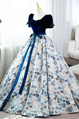 Blue Short Sleeve A-Line Floor Length Prom Dress, Blue Evening Dress