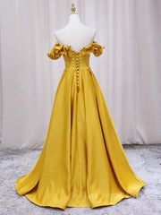 Yellow A-line Satin Long Prom Dress, Yellow Formal Dress