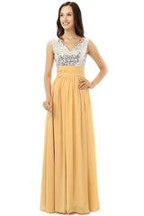 Yellow Chiffon Silver Sequins V-neck Backless Bridesmaid Dresses