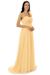 Yellow One Shoulder Chiffon With Pleats Flower Bridesmaid Dresses