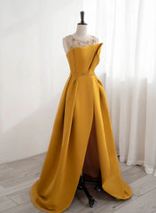 Yellow Satin Beaded Long Prom Dress with Leg Slit, Yellow A-line Party Dress