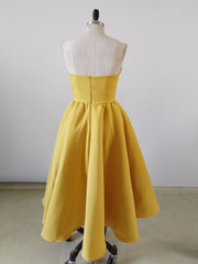 Yellow Sweetheart Neck Satin Tea Length Prom Dress, Yellow Formal Dress