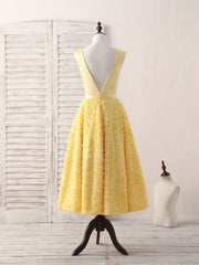 Yellow V Neck 3D Lace Tea Long Prom Dress, Yellow Evening Dress