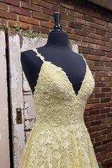 Yellow V-Neck Lace Long Prom Dress, A-Line Spaghetti Straps Evening Dress